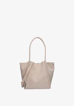 Beige leren totebag met dubbele lange handvatten en een verstelbare schouderband met een gouden gesp.