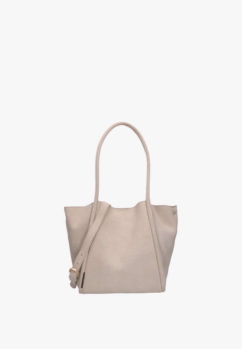 Sac fourre-tout en cuir beige avec deux longues poignées et une bandoulière ajustable avec une boucle dorée.