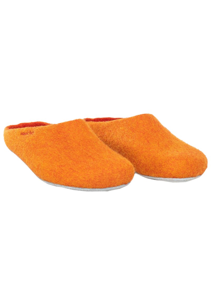 Orange felt clogs with a soft texture and rounded shape. The interior is red, and the sole is gray. No fastening or closure mechanism.