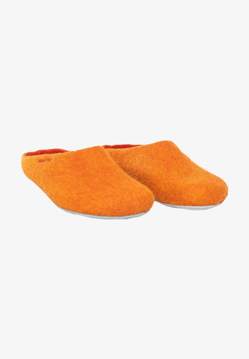 Orange felt clogs with a soft texture and rounded shape. The interior is red, and the sole is gray. No fastening or closure mechanism.