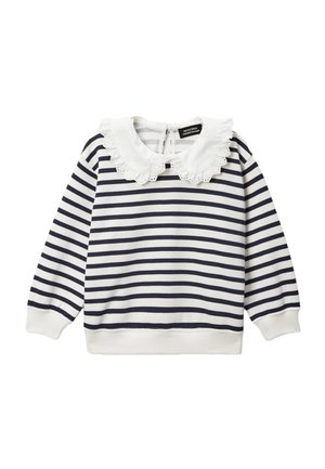 Chemise à manches longues pour enfants, rayée bleu marine et blanc, avec un col Claudine à bordure en dentelle blanche, des poignets et un ourlet côtelés.