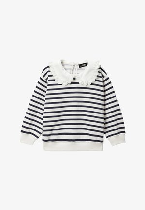 Chemise à manches longues pour enfants, rayée bleu marine et blanc, avec un col Claudine à bordure en dentelle blanche, des poignets et un ourlet côtelés.