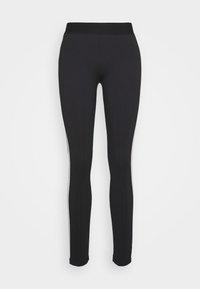 Leggings atletici neri con una ampia fascia elastica in vita, taglio affusolato e strisce laterali a contrasto con testo. Tessuto liscio e elastico.