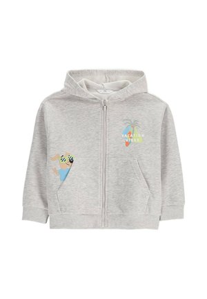 Jasnoszara rozpinana bluza z kapturem z przednimi kieszeniami, kreskówkowy pies w okularach przeciwsłonecznych po jednej stronie oraz kolorowy wzór "Vacation Vibes" z marchewką na piersi.