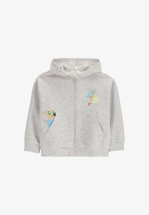 Jasnoszara rozpinana bluza z kapturem z przednimi kieszeniami, kreskówkowy pies w okularach przeciwsłonecznych po jednej stronie oraz kolorowy wzór "Vacation Vibes" z marchewką na piersi.