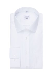 Camicia bianca realizzata in tessuto texturizzato, caratterizzata da un colletto classico, bottoni frontali e una tasca; include polsini regolabili con bottoni.