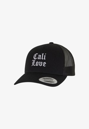 Schwarze Snapback-Cap mit "Cali Love" in weißer gotischer Schrift gestickt. Verfügt über eine durchgehende Vorderseite und Netzpaneele auf der Rückseite für Belüftung.