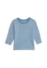 Himmelblaues Langarmshirt mit weißen horizontalen Streifen, rundem Ausschnitt und Knopfdetail an der Schulter. Weiches Baumwollmaterial.