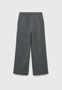 Sivé široké nohavice vyrobené z mäkkej látky, s elastickým pásom a čistým, minimalistickým dizajnom bez ďalších detailov alebo vzorov.