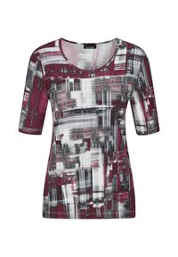 Petit haut à manches courtes en mélange de motifs abstraits dans des teintes bordeaux, noir et blanc. Doté d'un décolleté rond et d'une texture légère et douce.