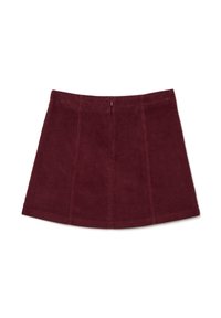 Gonna mini in corduroy bordeaux con una forma svasata, dettagli di cuciture verticali e chiusura con zip invisibile sul retro. Tessuto morbido e motivo a coste.