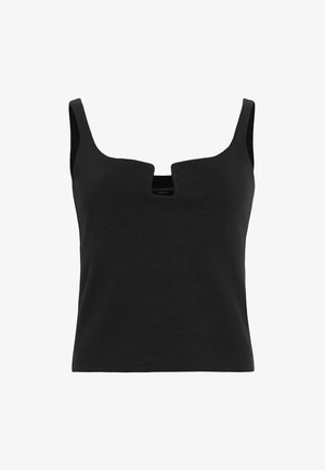 Fekete pamut top, négyzet alakú nyakkivágással és széles vállpántokkal. Simaság jellemzi, látható minták vagy díszítések nélkül.