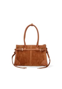 Bruine suède handtas met leren accenten, gekenmerkt door een gestructureerd ontwerp, twee handvatten en verstelbare zijkleppen.