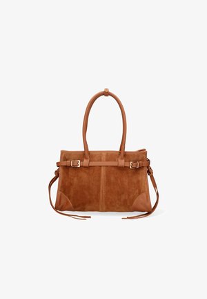 Sac à main en suède marron avec des accents en cuir, présentant un design structuré, deux poignées et des sangles latérales ajustables.