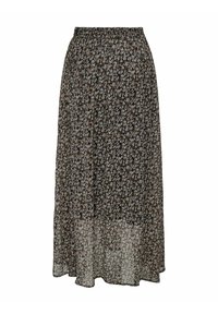 Gonna floreale nera con vita elastica, realizzata in tessuto leggero. Presenta un design a strati e una texture semitrasparente con piccoli motivi floreali.