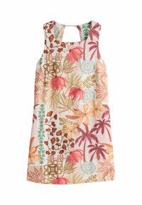 Robe sans manches à motif floral aux tons roses, orange et verts, confectionnée dans un tissu léger, avec un dos en forme de trou de serrure.