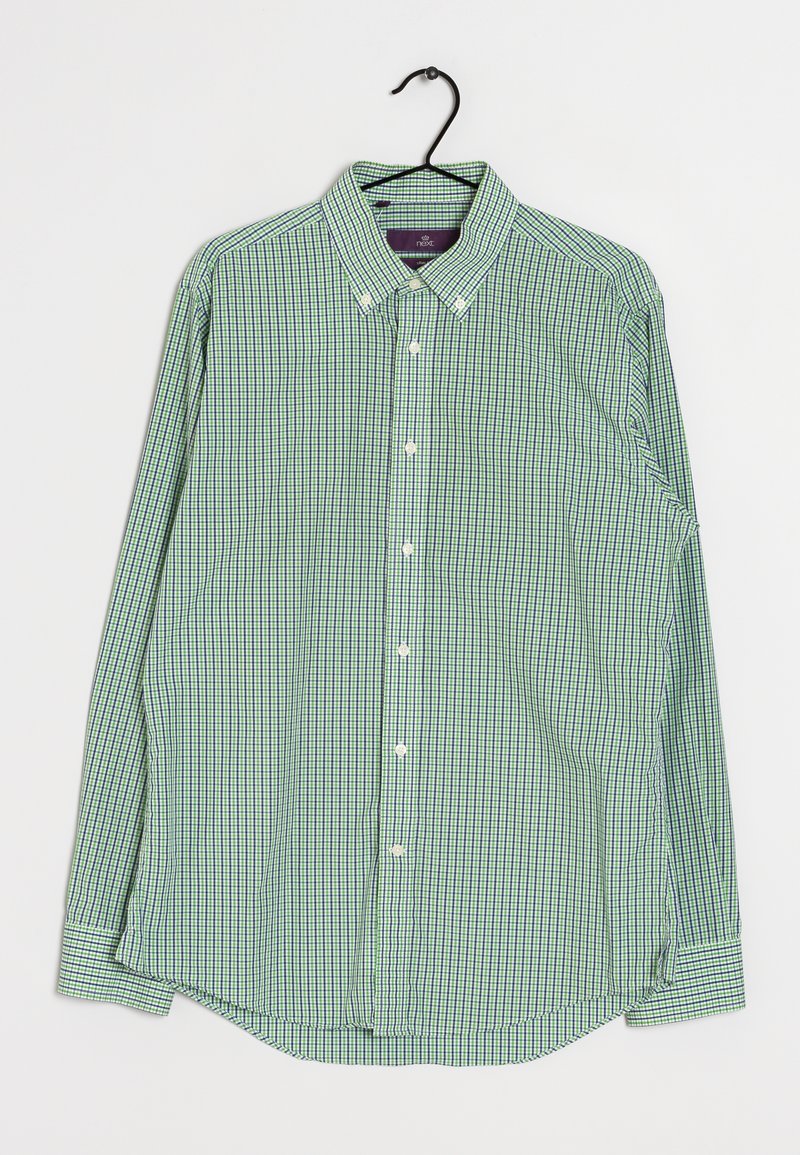 Grøn og hvid ternet langærmet skjorte med knap-lukning på kraven, hvide knapper og en buet kant, lavet af let materiale.