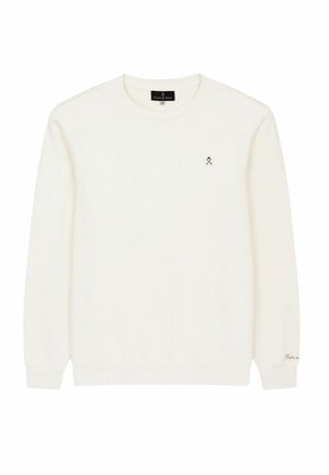 Sudadera blanca de manga larga con cuello redondo, con pequeño logo de palos de golf negros cruzados en el lado izquierdo del pecho y texto sutil en el puño izquierdo.