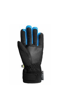 Black gloves with blue accents, featuring leather and fabric materials, a secure wrist strap, and stitched details for a textured finish.