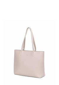 Světle růžová taška přes rameno s hladkým koženým povrchem, obdélníkový tvar, dva ramenní popruhy a minimalistické zlaté logo.