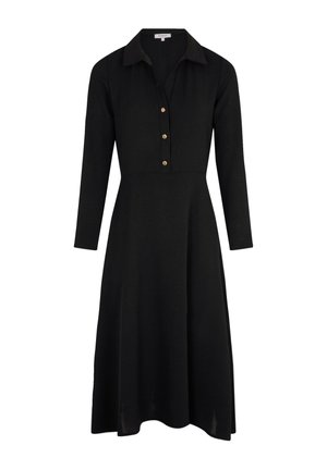 Schwarzes Kleid mit Kragen, langen Ärmeln, Knopfleiste vorne und A-Linien-Rock. Gefertigt aus strukturiertem Stoff mit knielangem Saum.