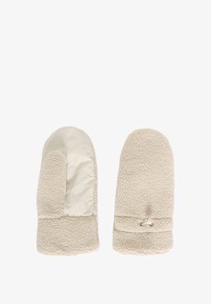 Beige wanten met een fluffy fleece buitenkant, een gladde satijnachtige stof aan één kant, en een opgerolde manchette met een togg sluiting.