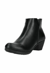 Czarne botki do kostki wykonane z materiału syntetycznego, z gładką fakturą, zaokrąglonym noskiem i niskim, piętą z warstwą z subtelnymi detalami przeszycia po bokach.