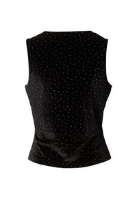 Svart videvest i fløyel med ermeløs design og en tettsittende silhuett, prydet med små hvite dekorasjoner arrangert i et prikklignende mønster.