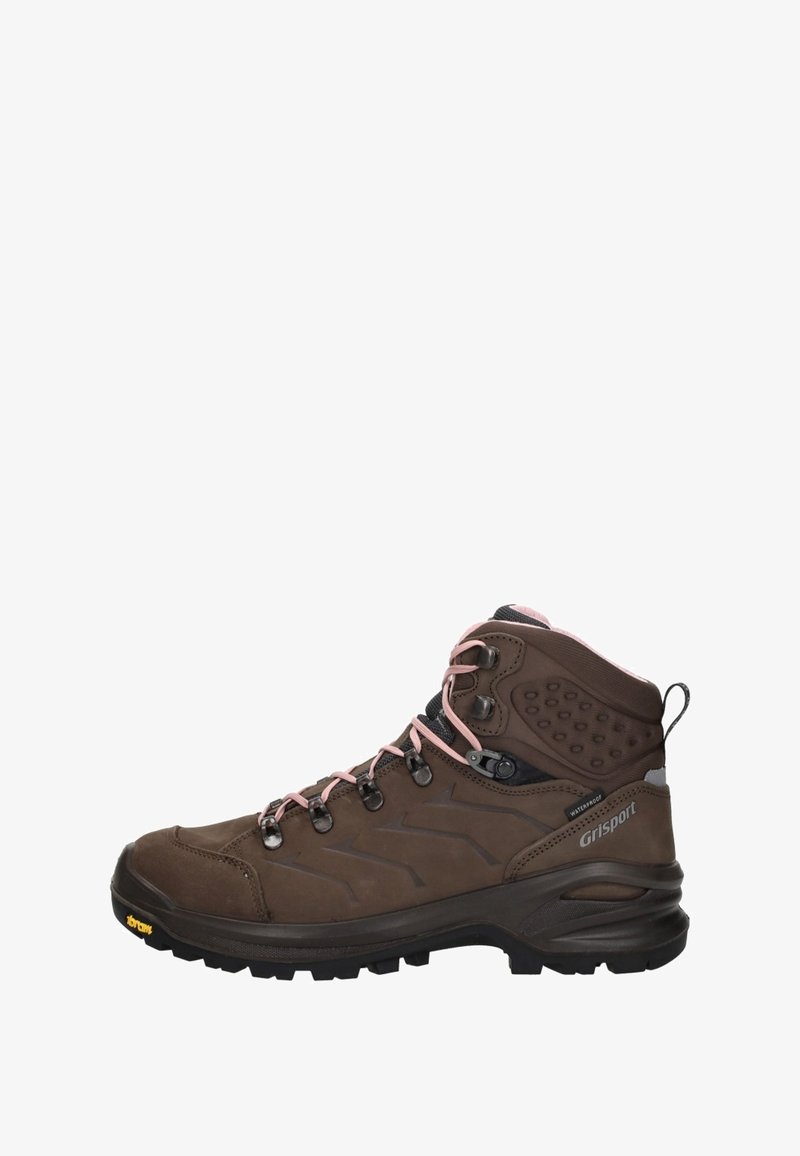 Bruine wandelschoen met roze veters, waterdicht materiaal, gestructureerde zijkanten, versterkte neus en Vibram-buitenlaag voor grip.