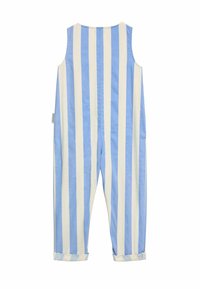 Blau-weiße gestreifte Latzhose, aus leichtem Stoff gefertigt, mit breiten Trägern, einem runden Ausschnitt und umgeschlagenen Bündchen an den Knöcheln.