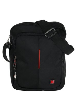 Black messenger bag with a textured surface, featuring a red accent, adjustable strap, and multiple zippered compartments. Compact design.