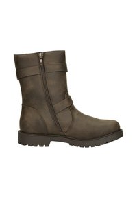 Bruine enkellaarzen met een soepele, getextureerde afwerking, voorzien van een zijrits en decoratieve riemaccenten. Stevige rubberen zool voor grip.