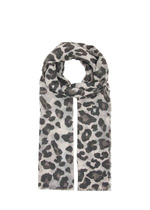 Light gray scarf with a black and dark gray leopard print pattern, loosely looped with fringed edges.