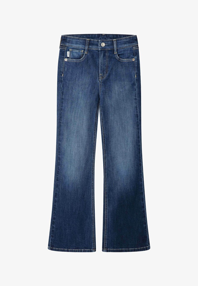 Tamsiai mėlynos spalvos džinsai su aukštu liemeniu, platėjančiomis kojomis, penkiomis kišenėmis, priekyje užsegami mygtukais ir kontrastingomis siūlėmis.