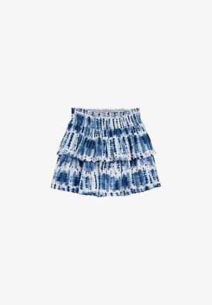 Blaue und weiße Batikrock mit einem geschichteten Design, elastischem Bund und Rüschenschichten für Textur und Bewegung.