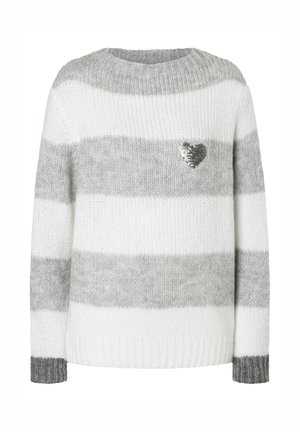 Striped sweater in white and gray knit, featuring a rounded neckline and a silver sequin heart accent on the chest. Ribbed cuffs and hem.
