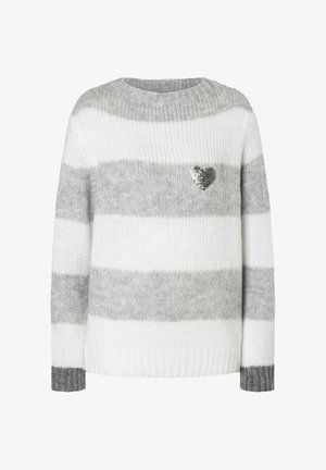 Striped sweater in white and gray knit, featuring a rounded neckline and a silver sequin heart accent on the chest. Ribbed cuffs and hem.