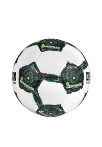 Pallone da calcio con un classico motivo esagonale nero e bianco, arricchito da testo e grafiche verdi. Realizzato in materiale sintetico.