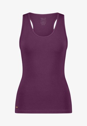 Lila Tanktop mit einer figurbetonten Passform, aus weichem Stoff gefertigt. Verfügt über breite Träger und einen abgerundeten Ausschnitt. Kleines Markenschild am unteren Rand.