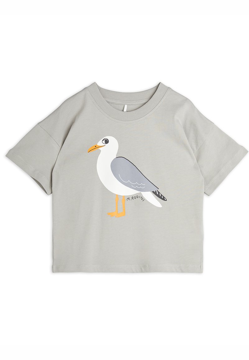 Grå kortermet T-skjorte med grafikk av en måke. Designet inkluderer oransje, svart og hvite detaljer på en myk bomullsblanding.