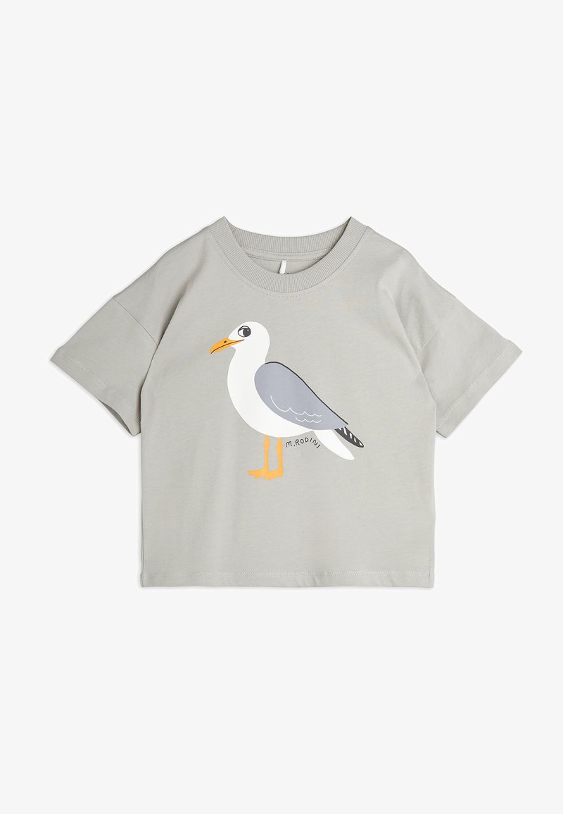 Grijze T-shirt met korte mouwen met een grafisch ontwerp van een meeuw. Het ontwerp bevat oranje, zwarte en witte accenten op een zachte katoenmix.