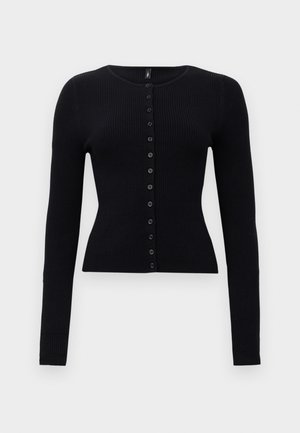 Black ribbed cardigan featuring a round neckline and long sleeves, button front closure, and a fitted silhouette.