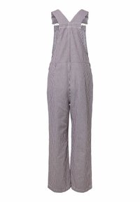 Pruhované látkové overalové nohavice so širokými nohavicami a nastaviteľnými ramennými popruhmi, zobrazené spredu na bielom pozadí.