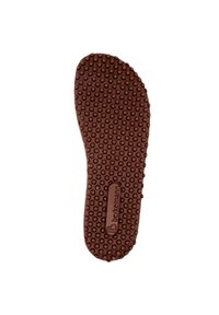 Brown rubber insole with a textured surface, featuring small raised circular patterns and a logo detail embossed near the heel.