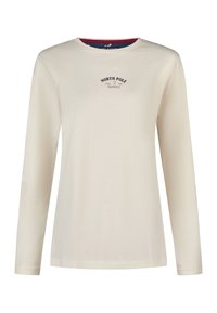 Kremowa koszulka z długim rękawem wykonana z miękkiej bawełny, z zaokrąglonym dekoltem i haftem "NORTH POLE BAKERY" w kolorze granatowym.