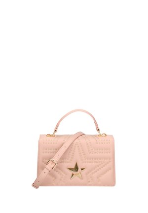 Rosa Lederhandtasche mit goldfarbenen Sternverzierungen, Tragegriff oben und verstellbarem Schulterriemen mit goldener Schnalle.