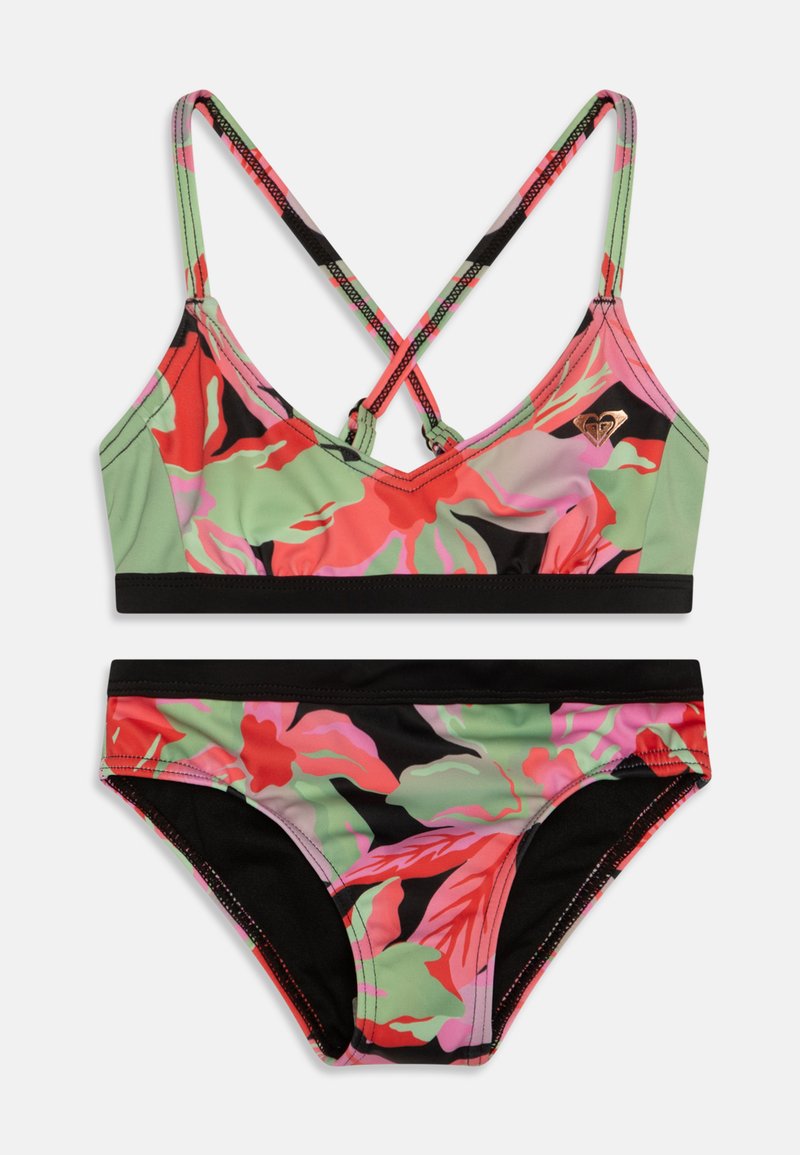 Fargerik bikini-sett med blomsterdesign i rosa, grønn og svart. Materialet ser glatt ut med kryssede stropper og kontrasterende bånd.