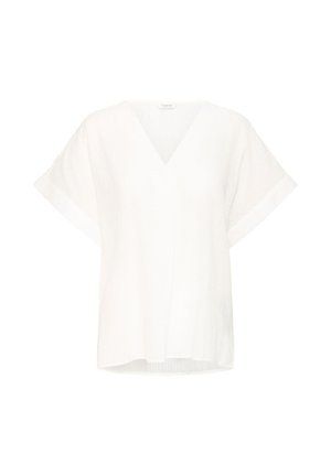 Balts īsām piedurknēm tops ar V-veida kakla izgriezumu, brīvu piegriezumu un strukturētu audumu ar maigiem vertikāliem svītrām. Vienkāršs, tīrs dizains.