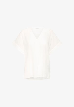 Balts īsām piedurknēm tops ar V-veida kakla izgriezumu, brīvu piegriezumu un strukturētu audumu ar maigiem vertikāliem svītrām. Vienkāršs, tīrs dizains.