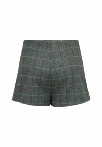 Sive houndstooth kratke hlače izrađene od teksturirane tkanine s plavim i crnim kariranim uzorkom. Imaju jednostavnu liniju struka i kroj koji se prilagođava tijelu.